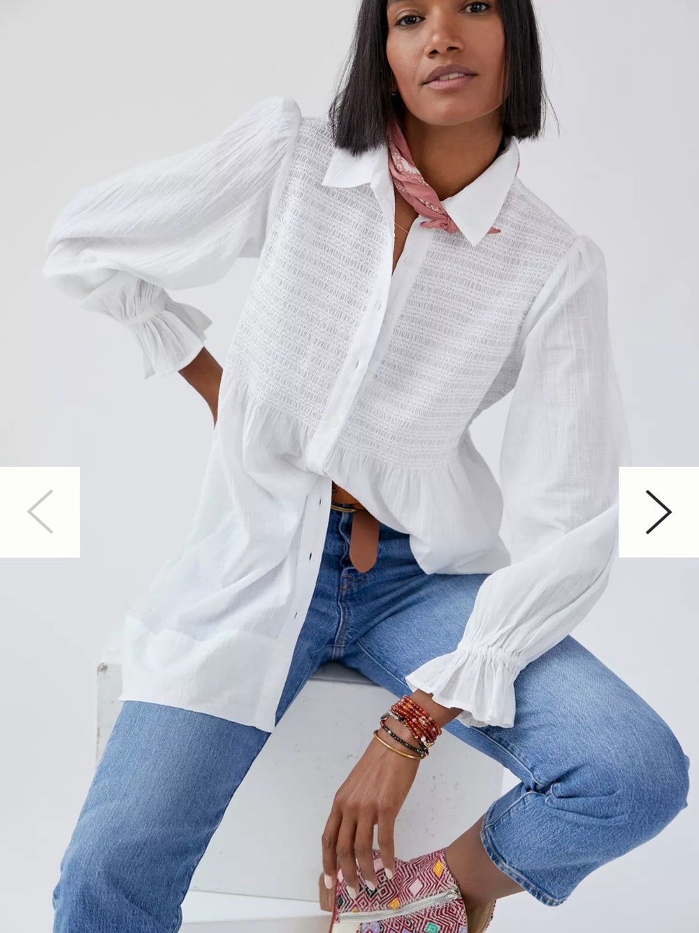 Maeve Anthropologie White Smocked Button-Down Blouse
